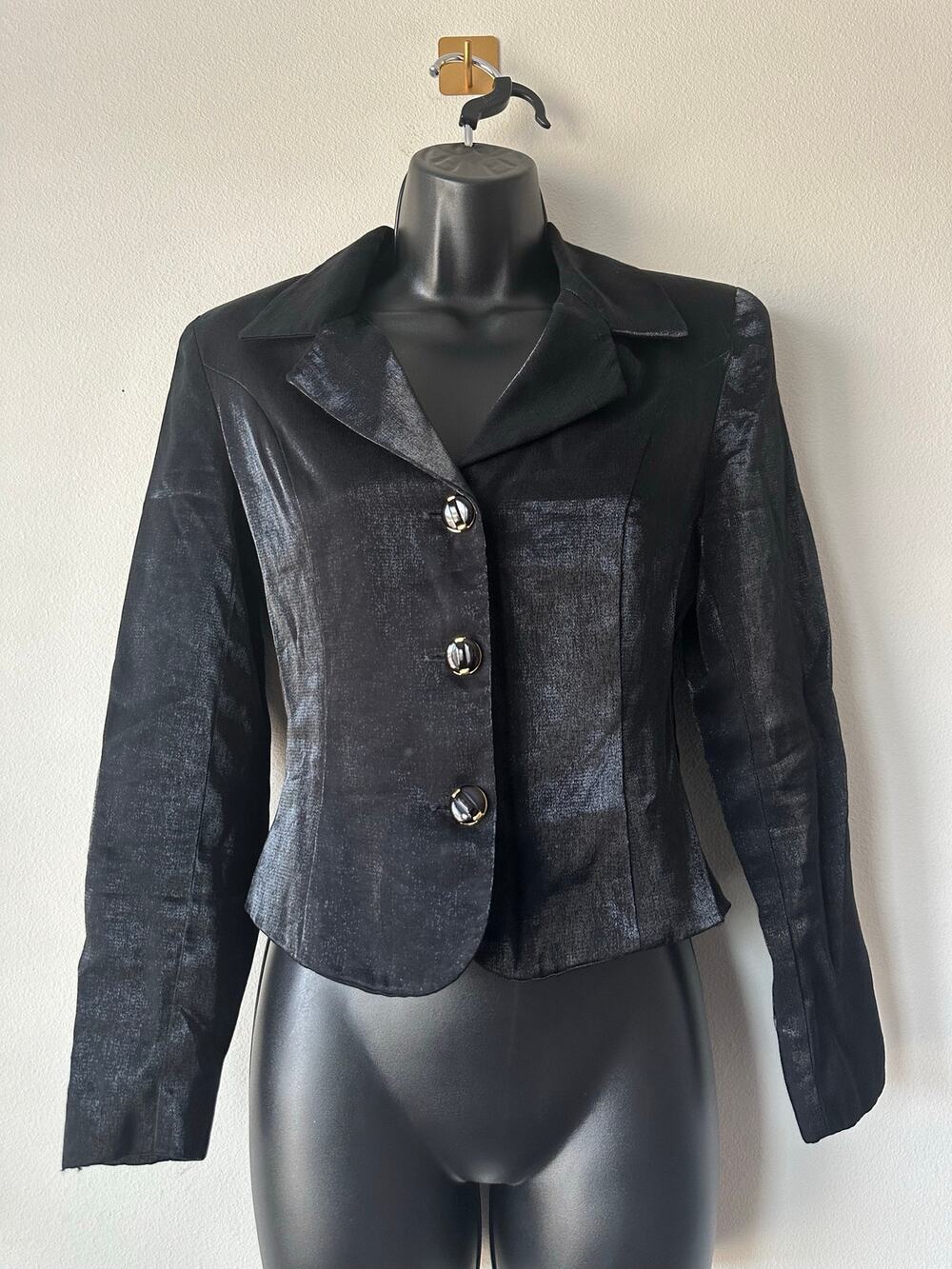 Vintage 90s Black Shimmer Cropped Blazer Office Siren Career Jacket Size S
